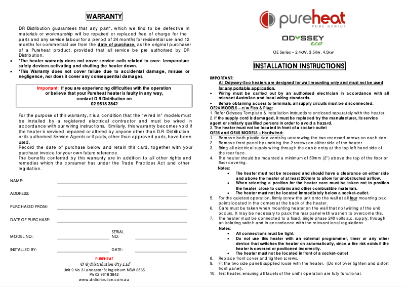 Page 1 de la notice Manuel utilisateur Pureheat Odyssey Eco OE45TW