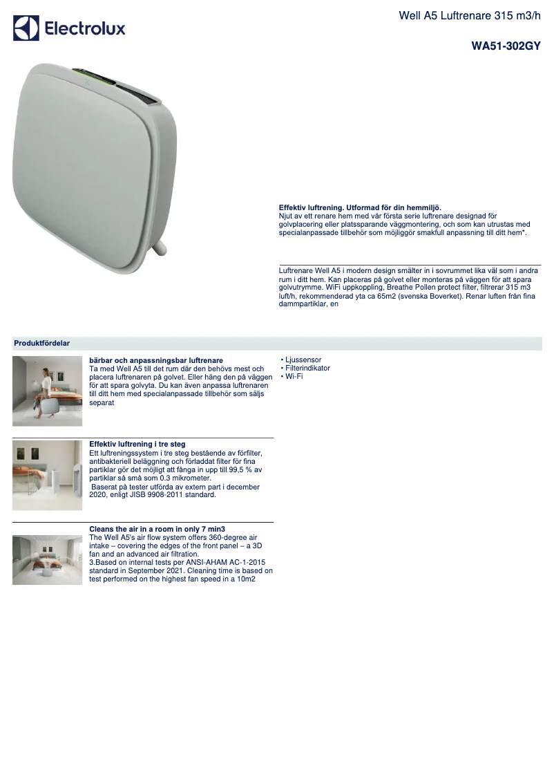 Page 1 de la notice Fiche technique Electrolux Well A5 WA51-302GY