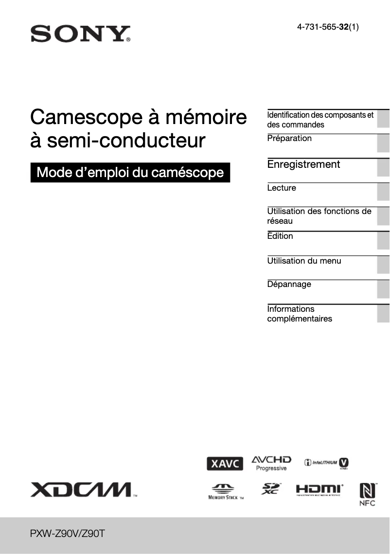 Page 1 de la notice Manuel utilisateur Sony PXW-Z90T