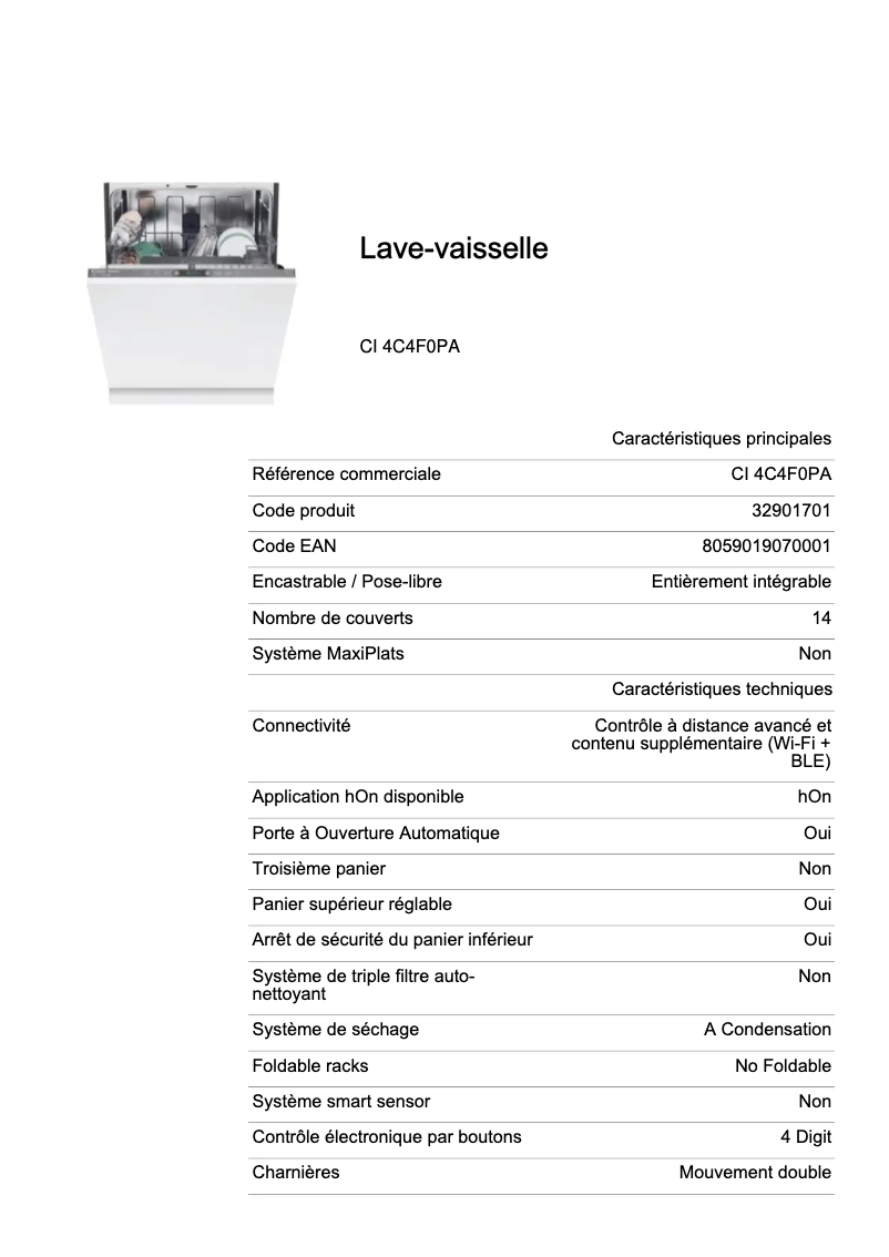 Page 1 de la notice Fiche technique Candy CI 4C4F0PA