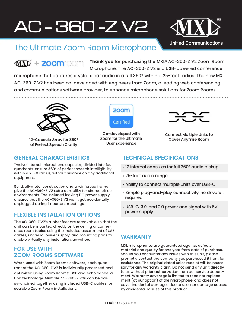 Page 1 de la notice Manuel utilisateur MXL AC-360-Z V2