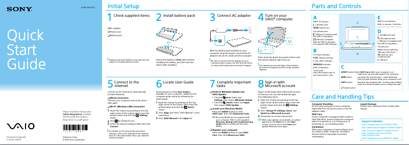 Page n°1 - Guide d'installation Sony Vaio SVE11135CXW