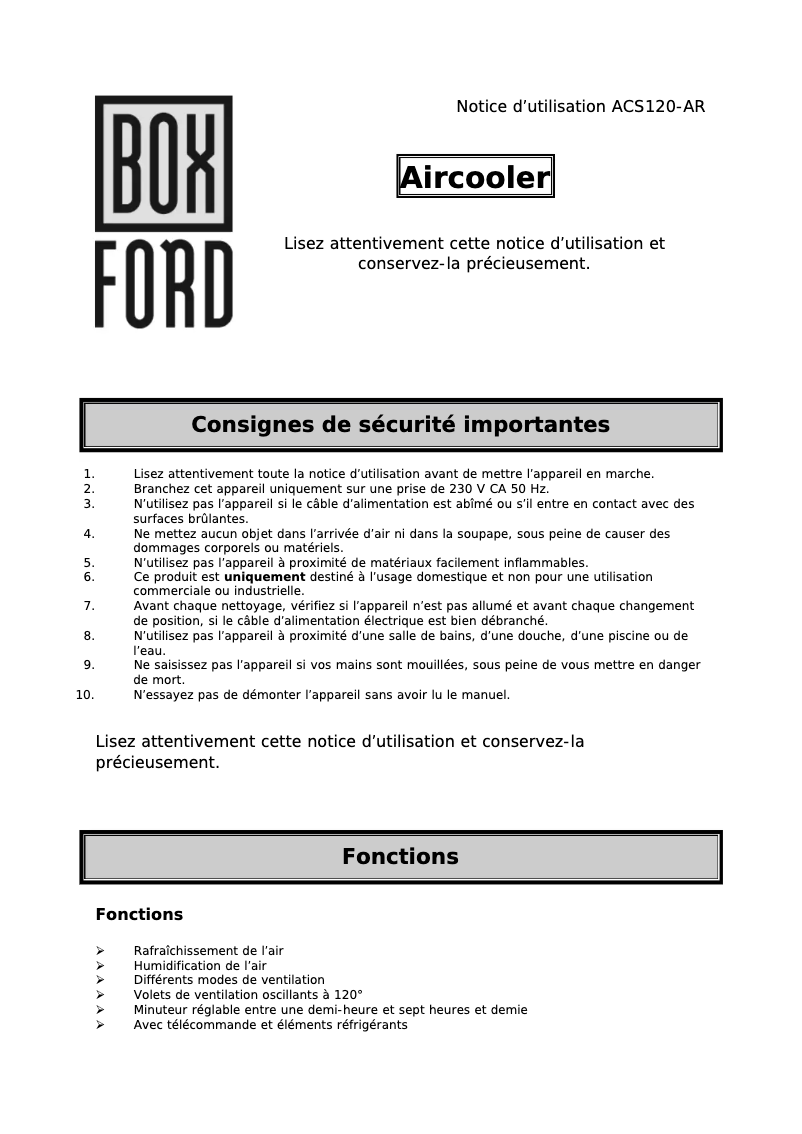 Page 1 of the manual User Manual Aircooler ACS120-AR