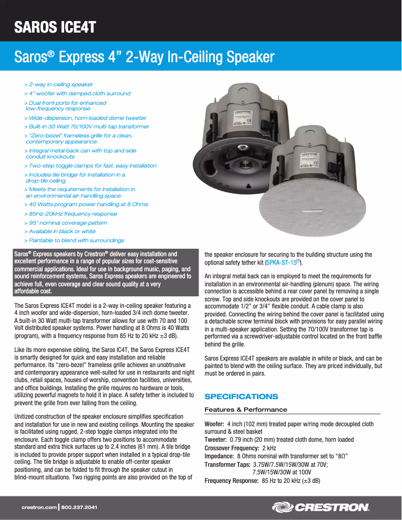 Page 1 de la notice Manuel utilisateur Crestron Saros ICE4T-B-T-EACH