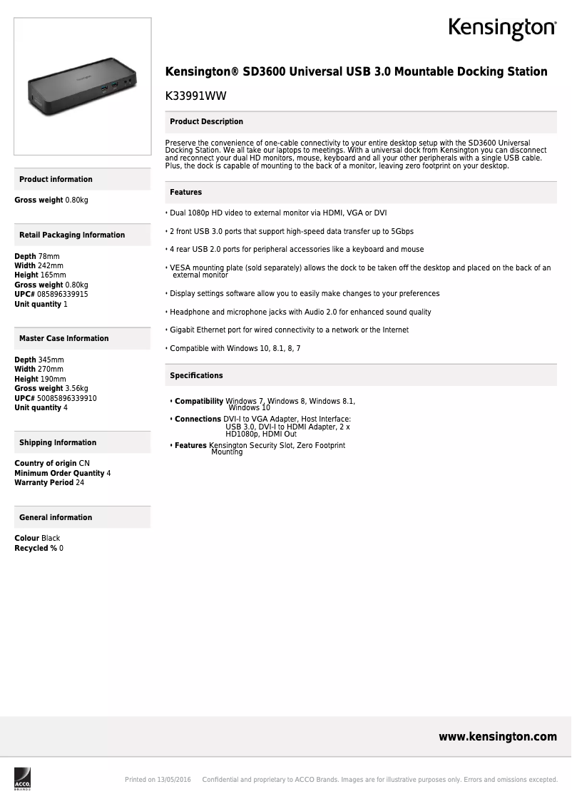 Page 1 de la notice Brochure Kensington SD3600