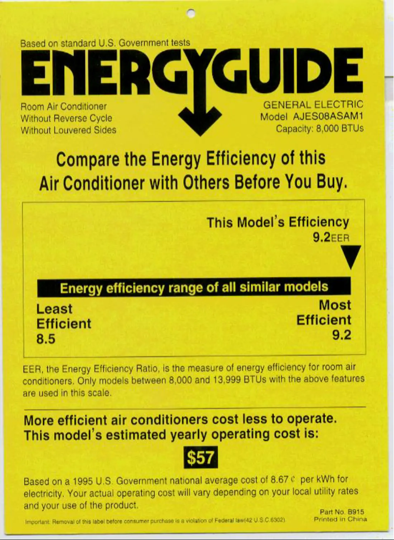 Page 1 de la notice Label énergétique GE AJES08AS