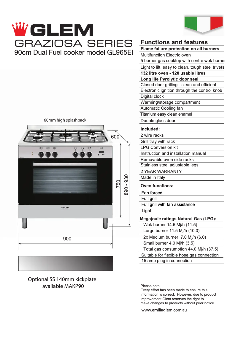 Page 1 de la notice Fiche technique Glem Gas GL965EI