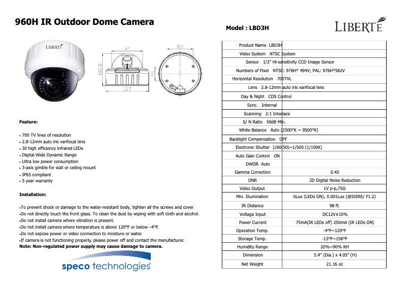 Page 1 de la notice Manuel utilisateur Speco Technologies LBD3H