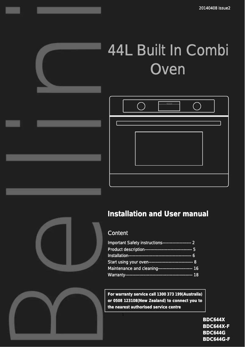 Page 1 de la notice Manuel utilisateur Bellini BDC644X-F