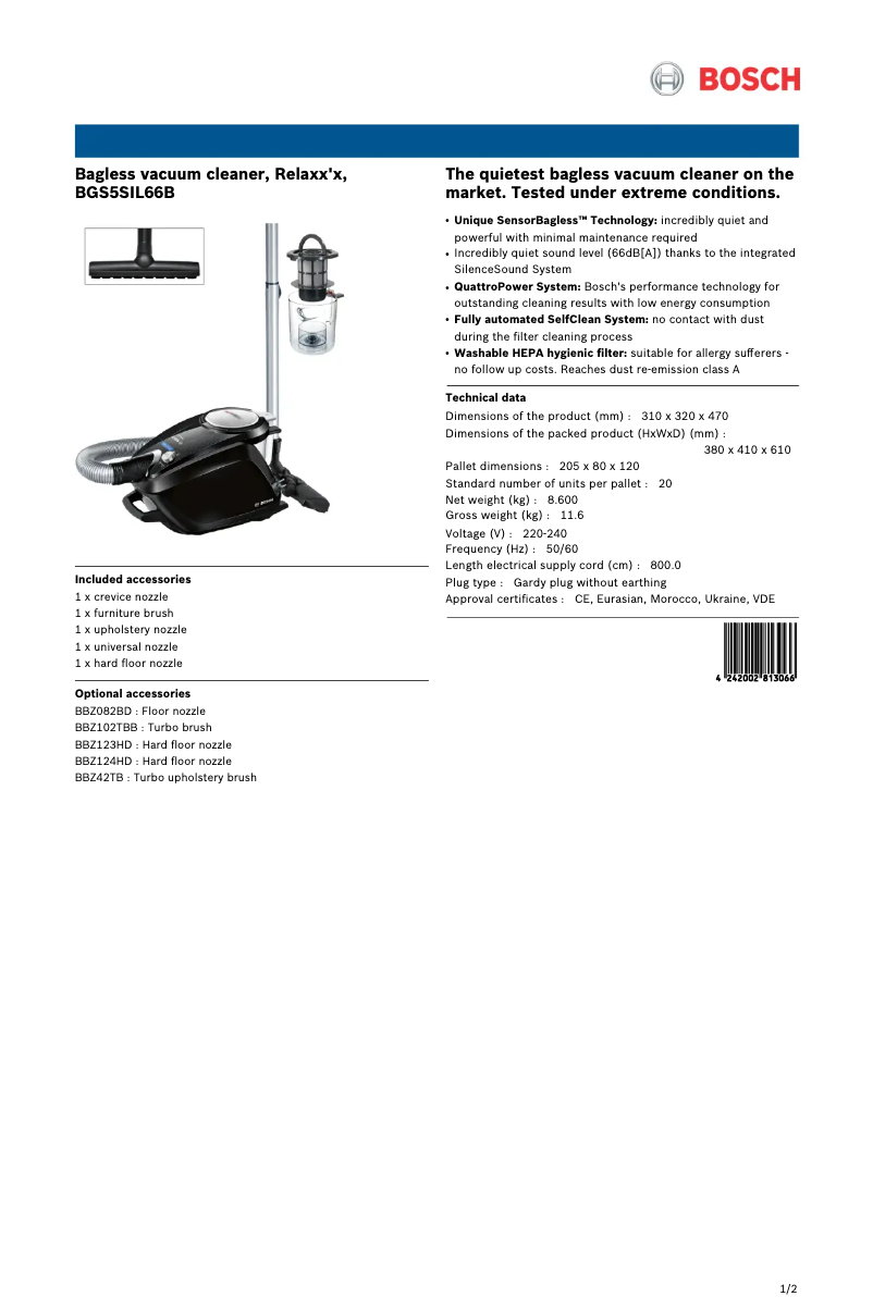 Page 1 de la notice Fiche technique Bosch Relaxx'x ProSilence 66 BGS5SIL66B