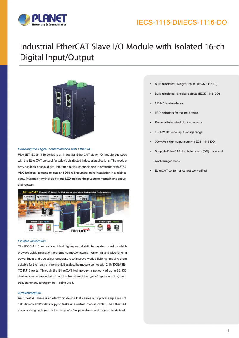 Page 1 de la notice Fiche technique Planet IECS-1116-DI