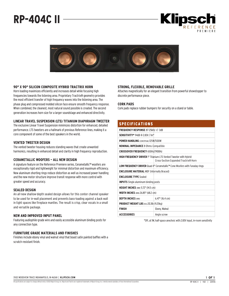 Page 1 de la notice Fiche technique Klipsch Reference Premiere RP-404C II
