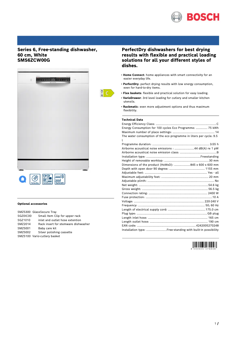 Page 1 de la notice Fiche technique Bosch SMS6ZCW00G
