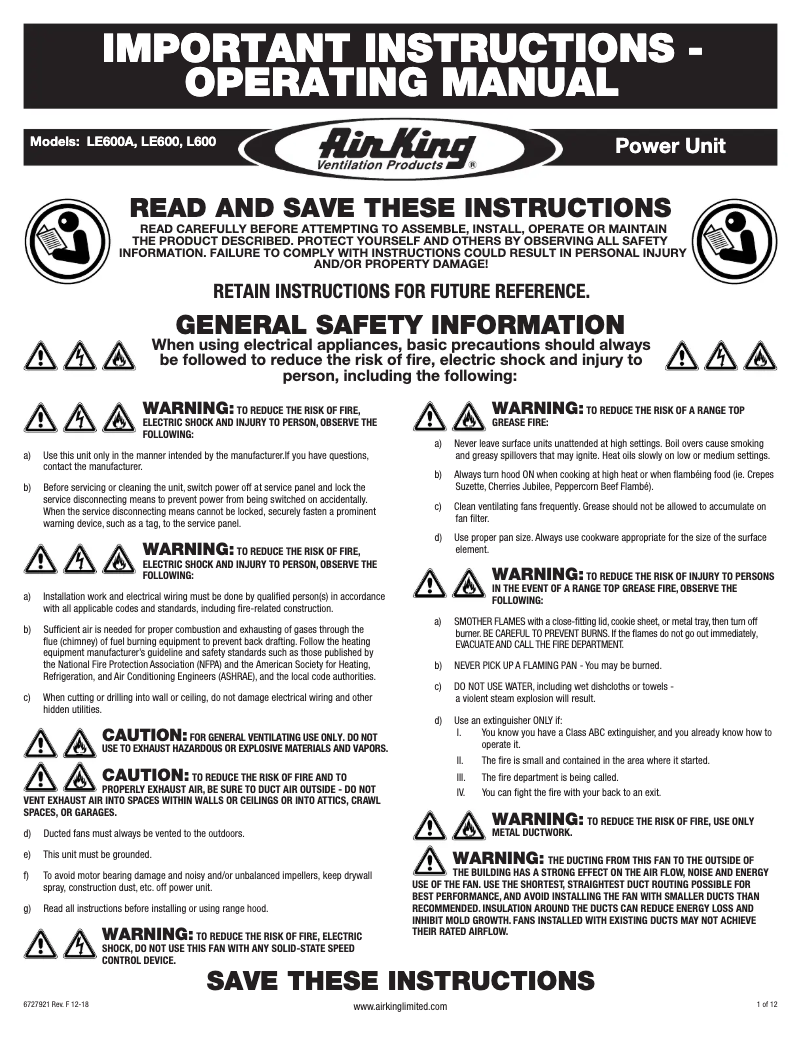 Page 1 de la notice Manuel utilisateur Air King LE600