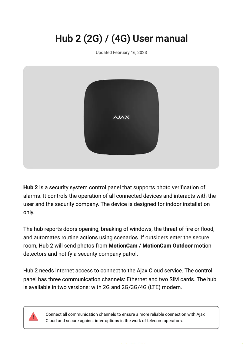 Image de la première page du manuel de l'appareil Hub 2 (2G)