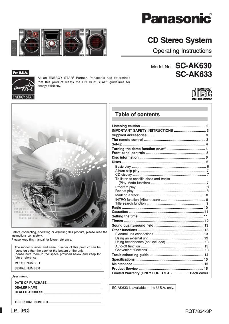 Page 1 de la notice Manuel utilisateur Panasonic SC-AK633