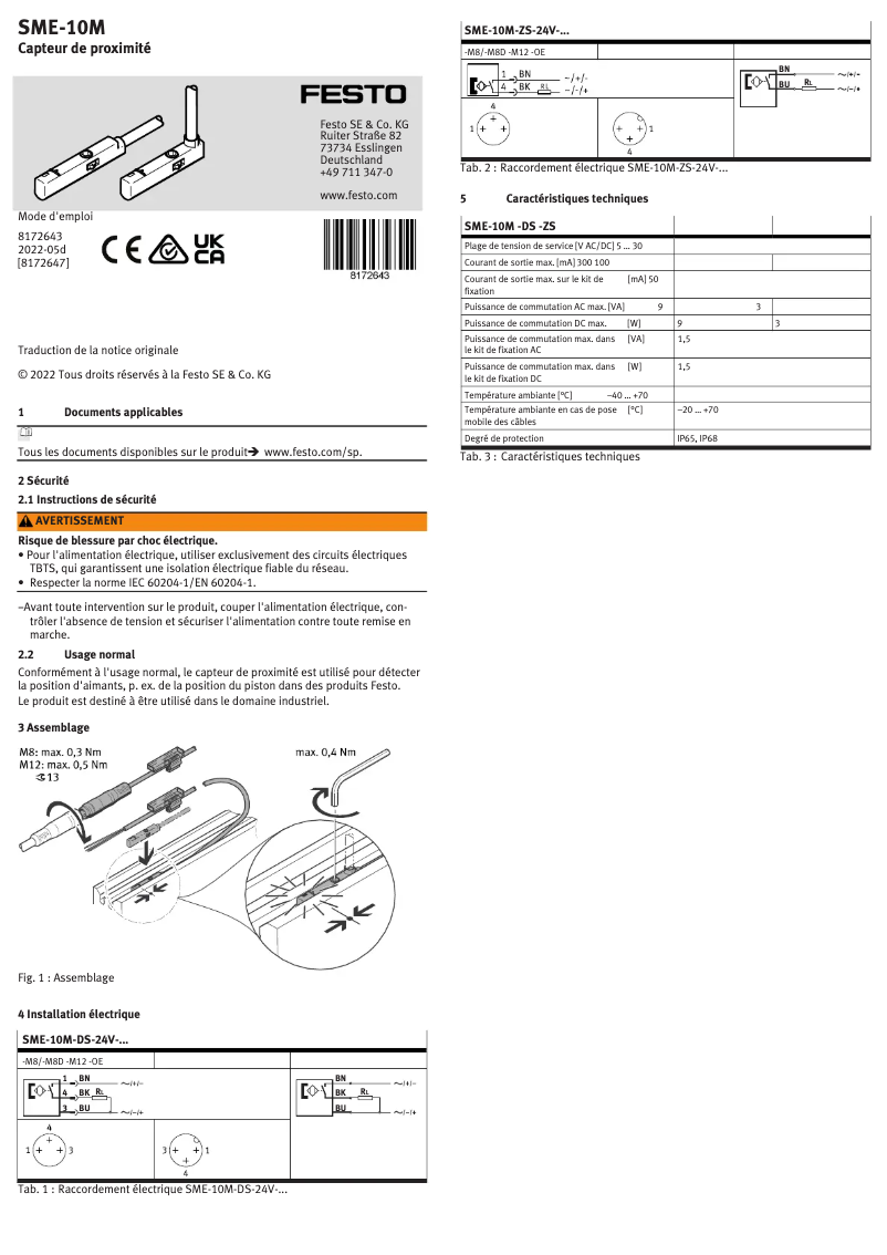 Page 1 de la notice Manuel utilisateur Festo SME-10M-ZS-24V-E-2,5-L-OE