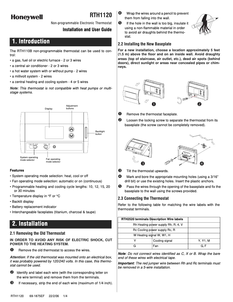 Page 1 de la notice Manuel utilisateur Honeywell RTH1120