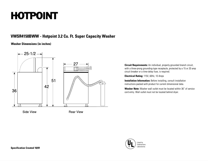 Page 1 de la notice Fiche technique Hotpoint VWSR4150BWW