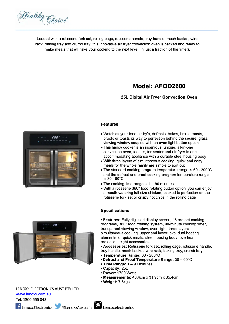 Page 1 de la notice Manuel utilisateur Healthy Choice AFOD2600