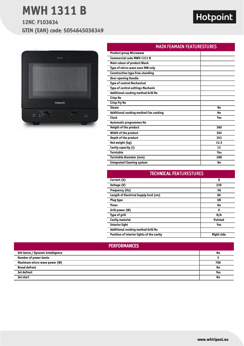 Page 1 de la notice Fiche technique Hotpoint MWH 1311 B
