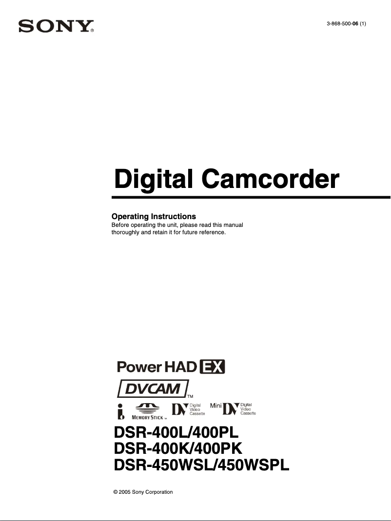 Page n°1 - Manuel utilisateur Sony DSR-450WSL