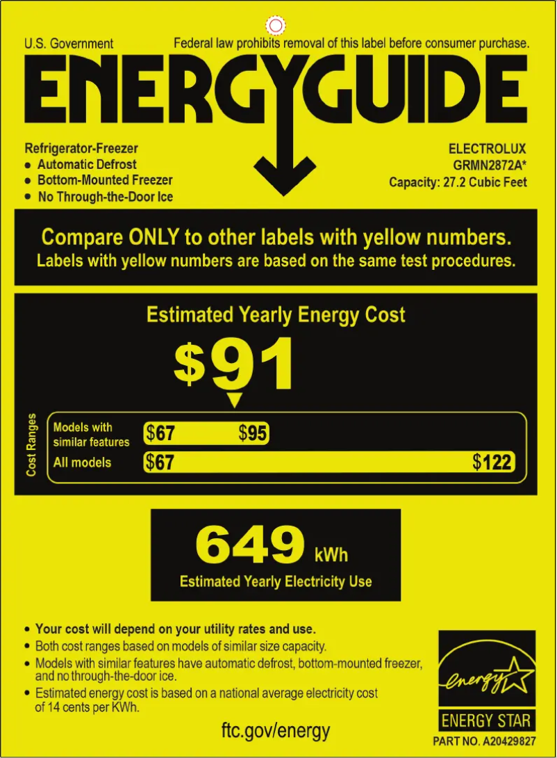 Page 1 de la notice Label énergétique Frigidaire GRMN2872AF