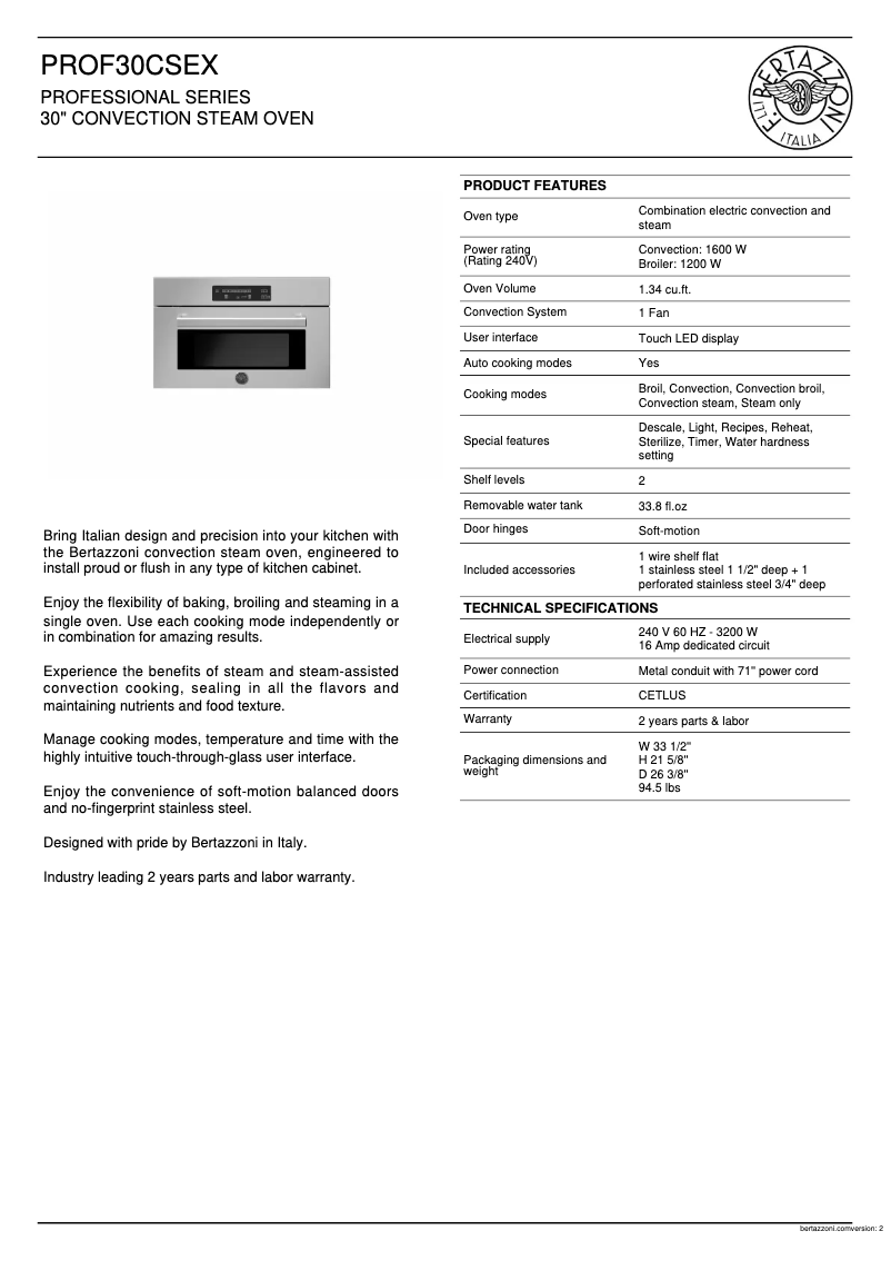 Page 1 de la notice Fiche technique Bertazzoni PROF30CSEX