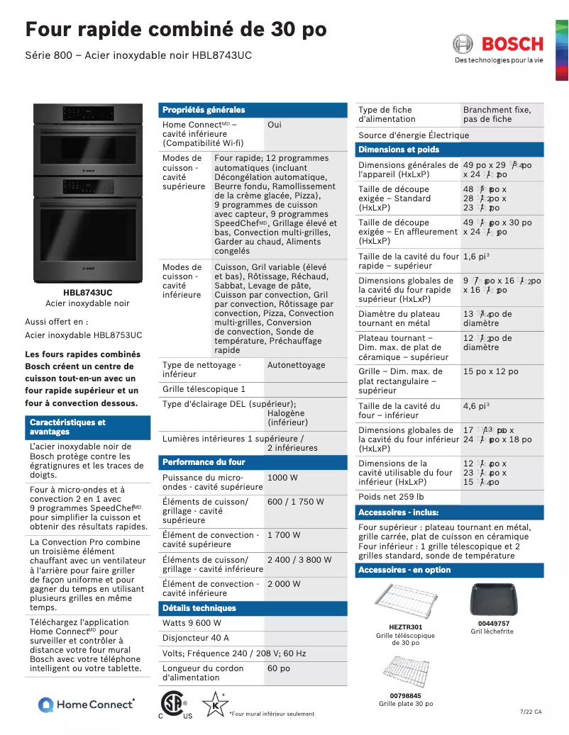 Page 1 de la notice Fiche technique Bosch HBL8743UC