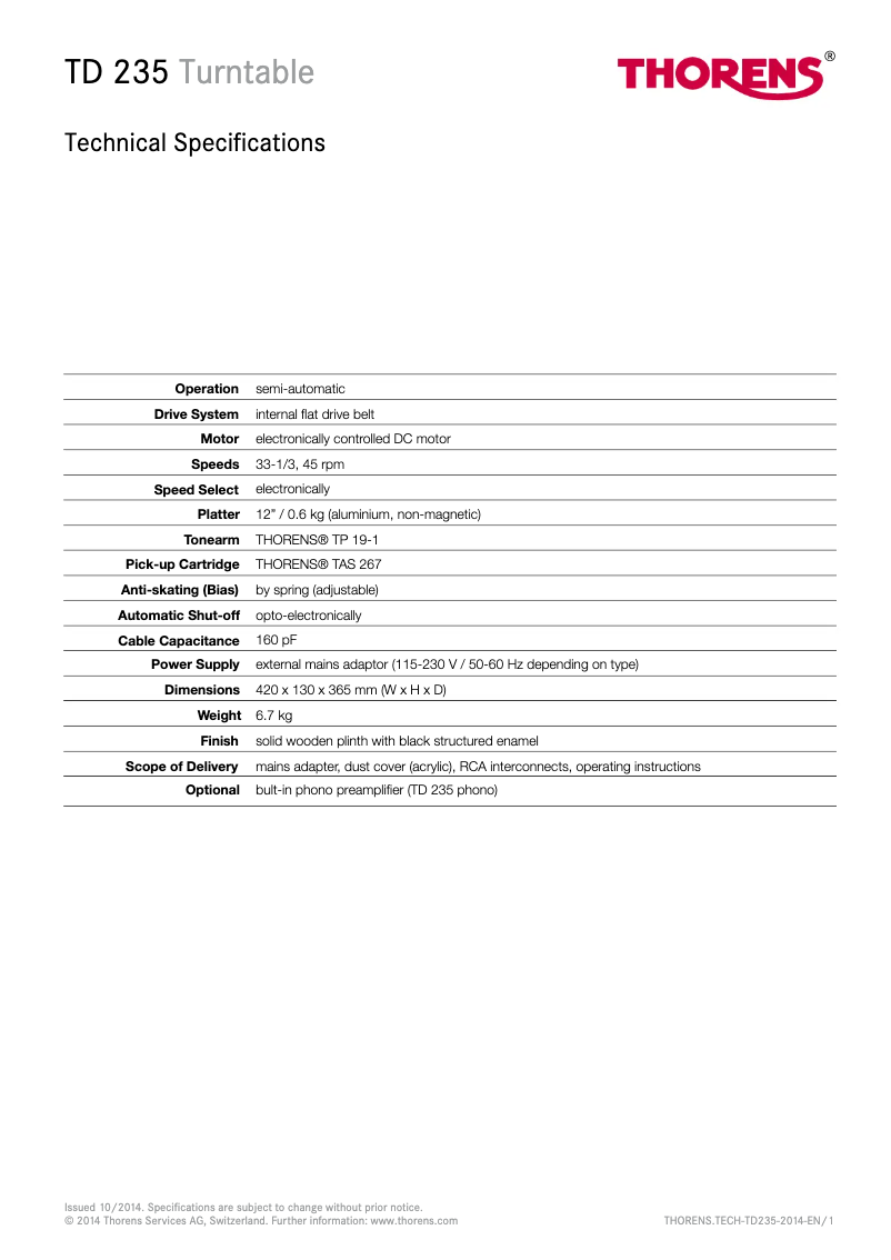 Page 1 de la notice Fiche technique Thorens TD 235