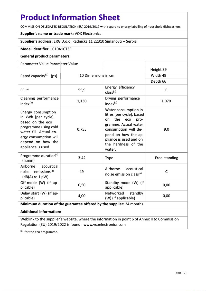 Page 1 de la notice Fiche technique VOX LC10A1CT3E