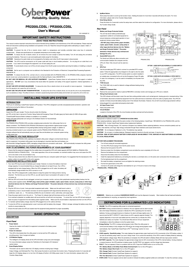 Page 1 de la notice Manuel utilisateur CyberPower PR2200LCDSL