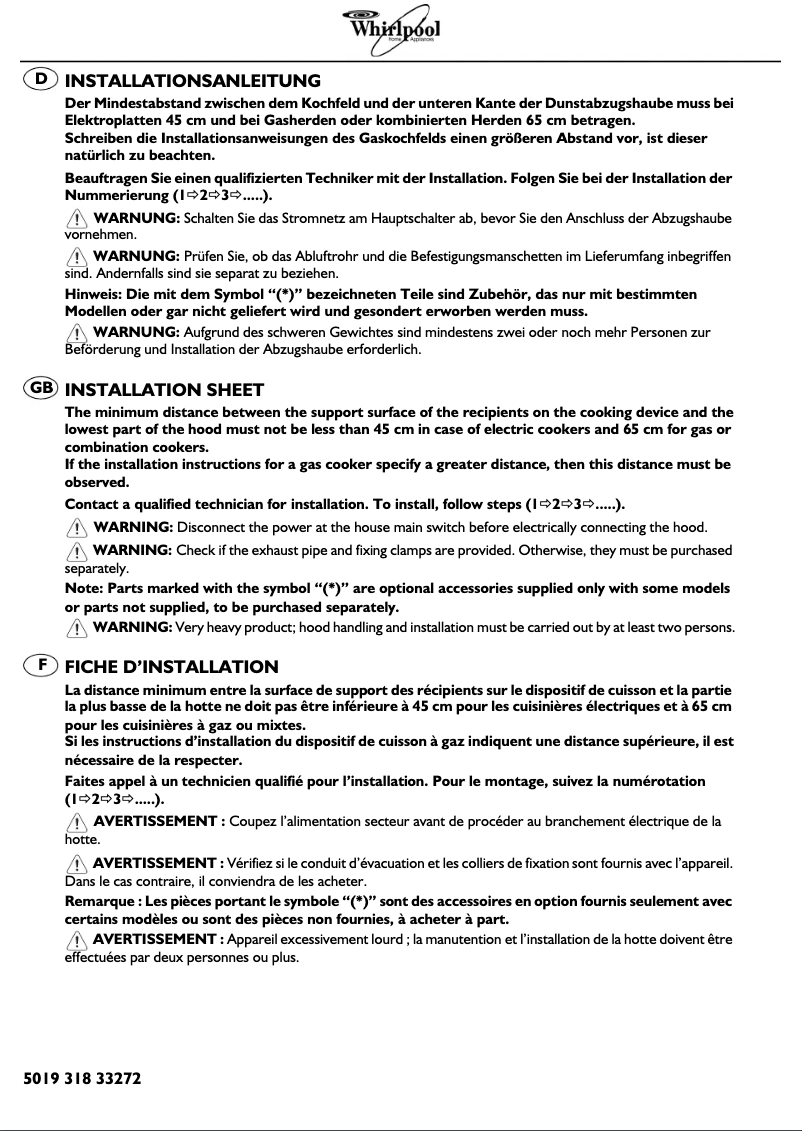 Page 1 de la notice Manuel utilisateur Whirlpool AKR 550 IM