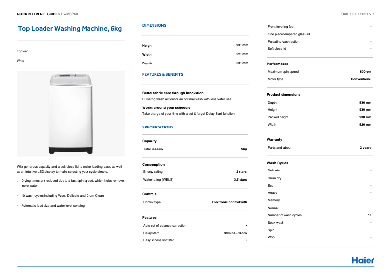 Image de la première page du manuel de l'appareil HWMSP60