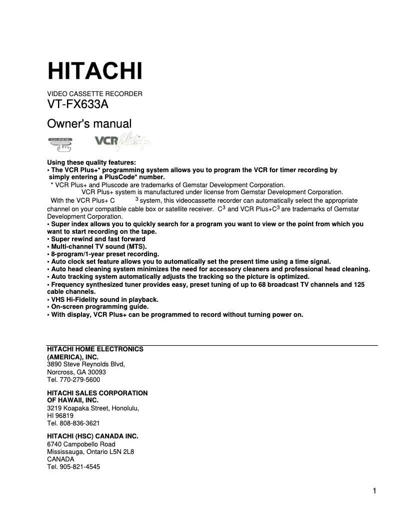 Page n°1 - Manuel utilisateur Hitachi VT-FX633A
