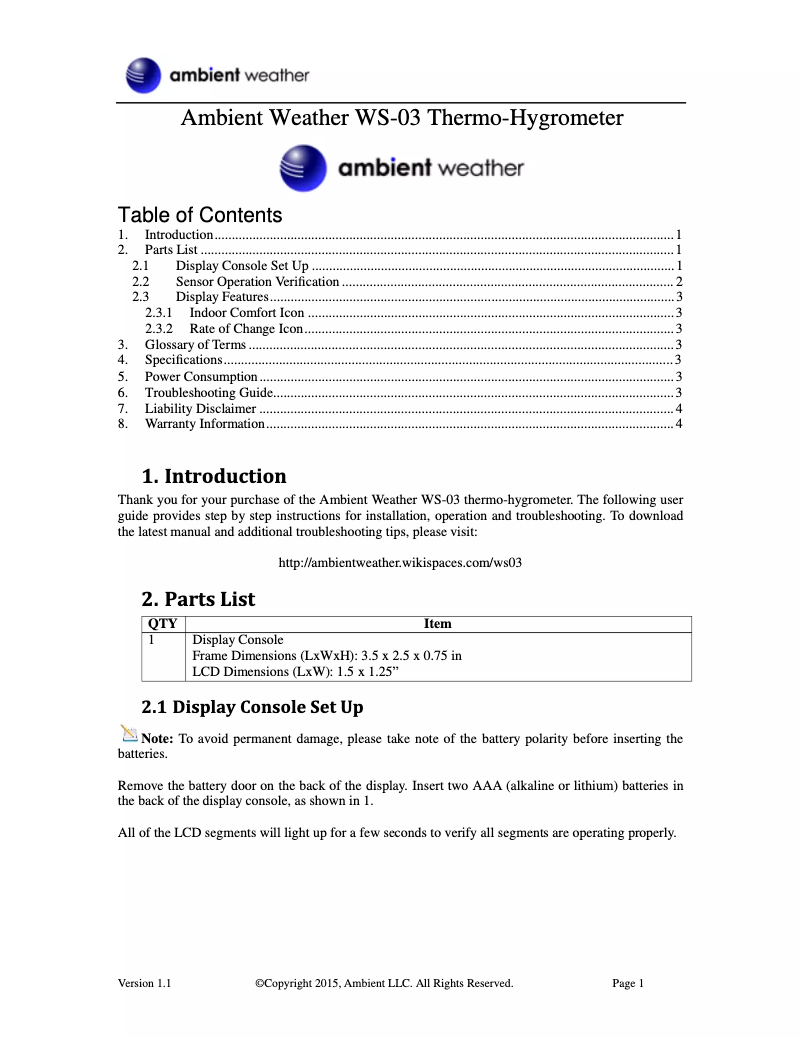 Image de la première page du manuel de l'appareil WS-03