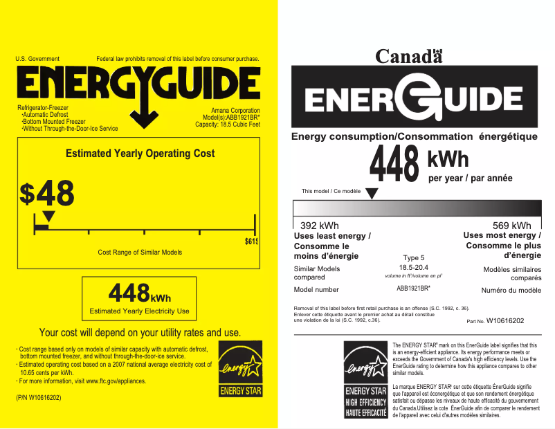 Page 1 de la notice Label énergétique Amana ABB1921BRW