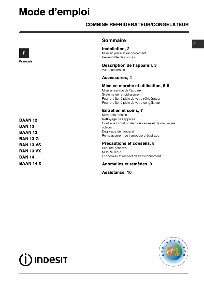 Page n°1 - Manuel utilisateur Indesit BAN 14 X