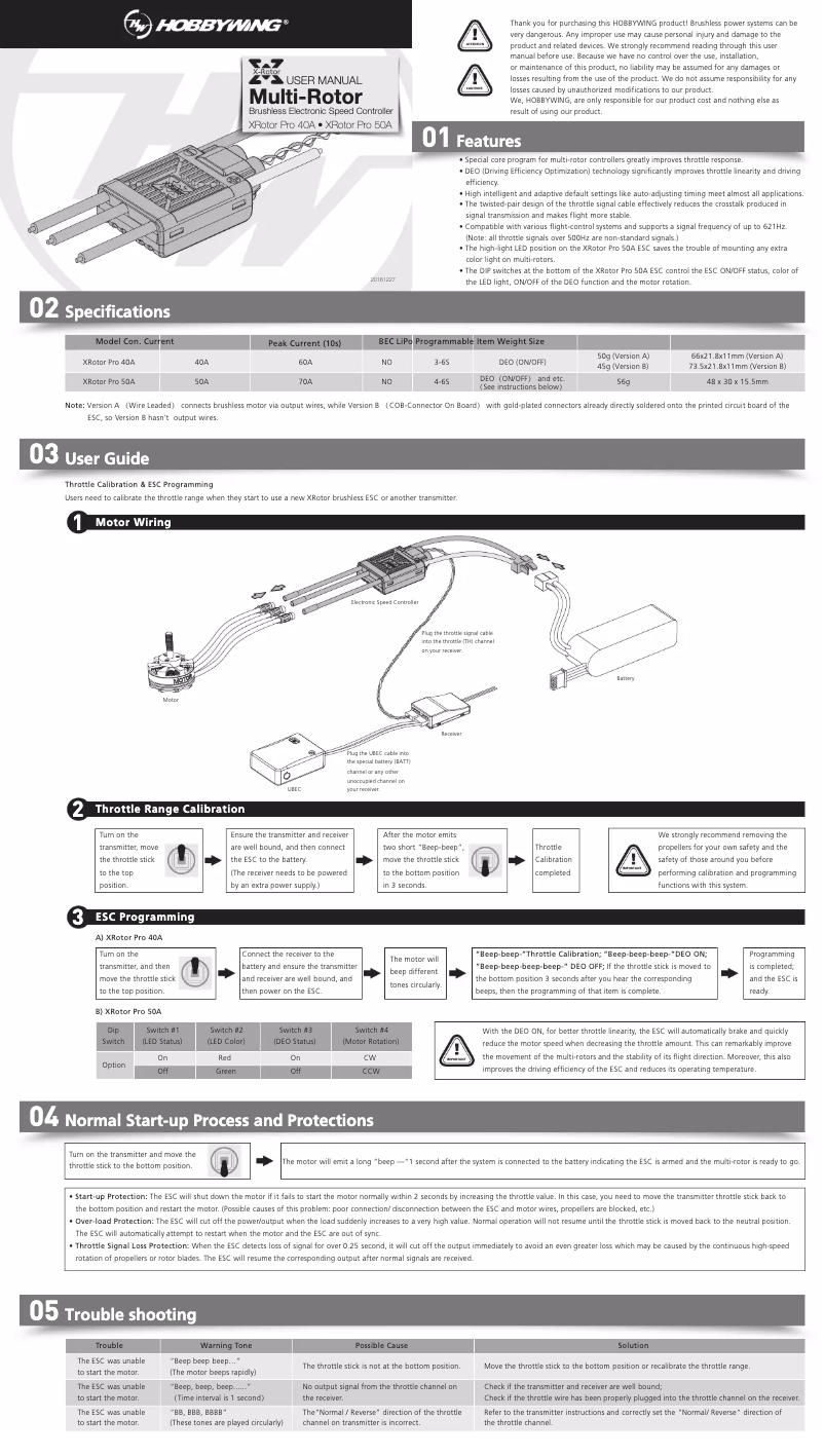 Page 1 de la notice Manuel utilisateur Hobbywing XRotor Pro 50A