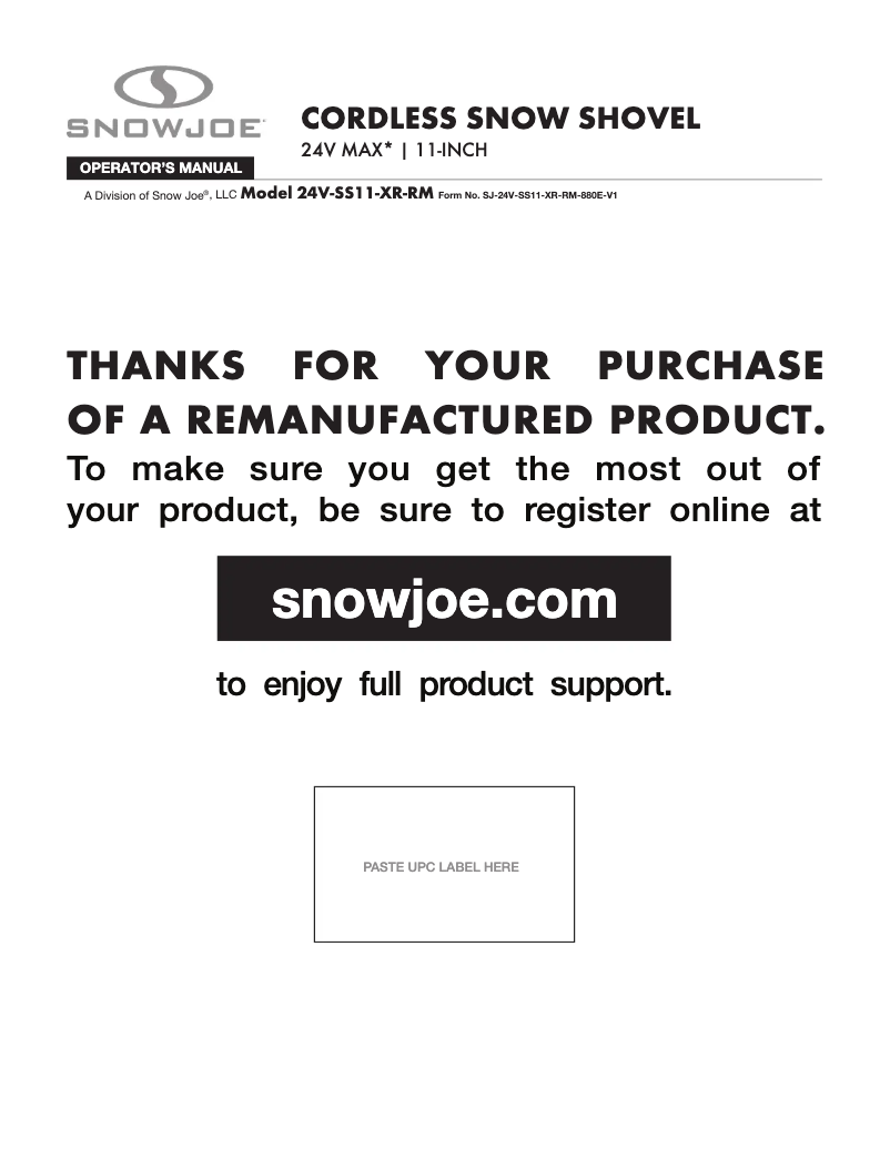Page 1 de la notice Manuel utilisateur Snow Joe 24V-SS11-XR-RM