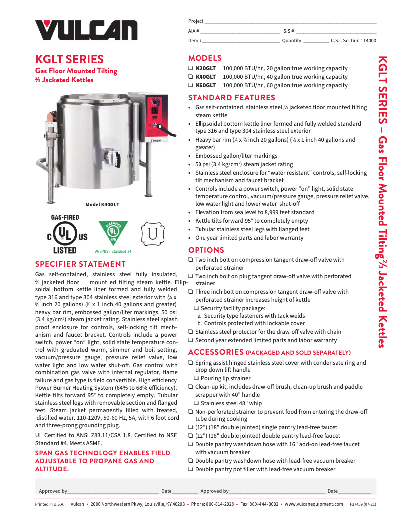 Página 1 del manual Ficha técnica Vulcan K20GLT