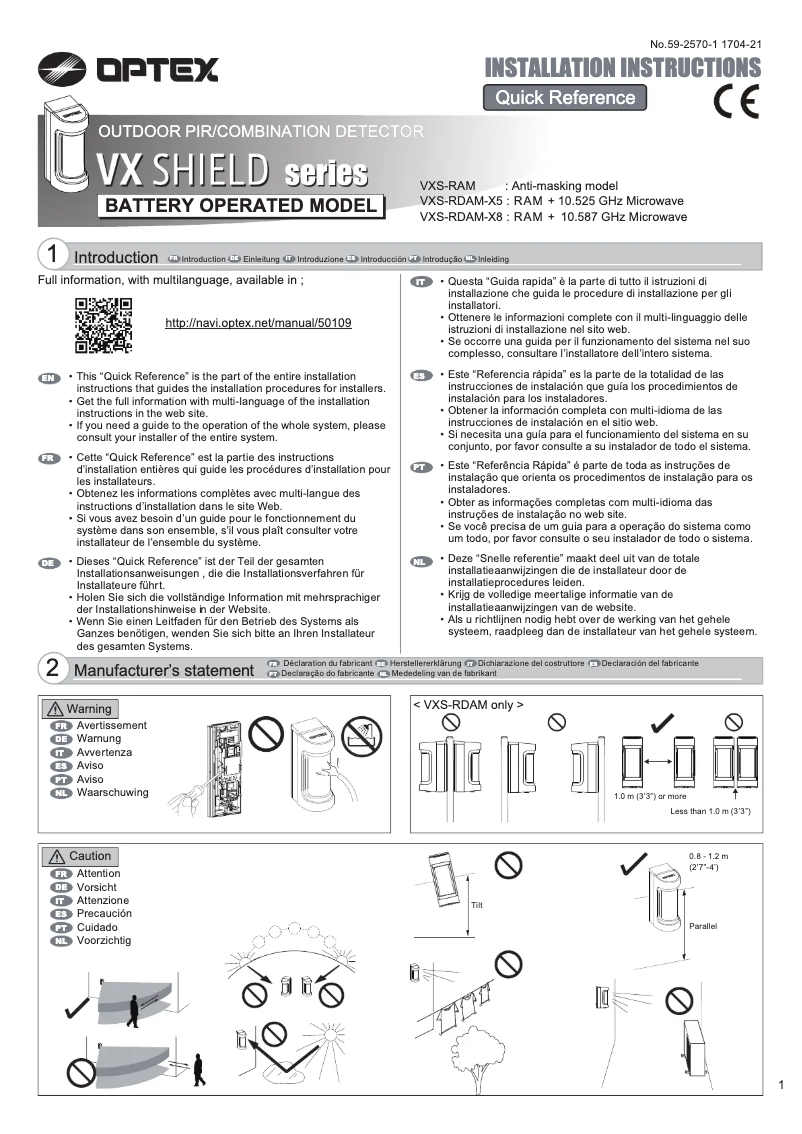 Page 1 de la notice Manuel utilisateur Optex VXS-RDAM