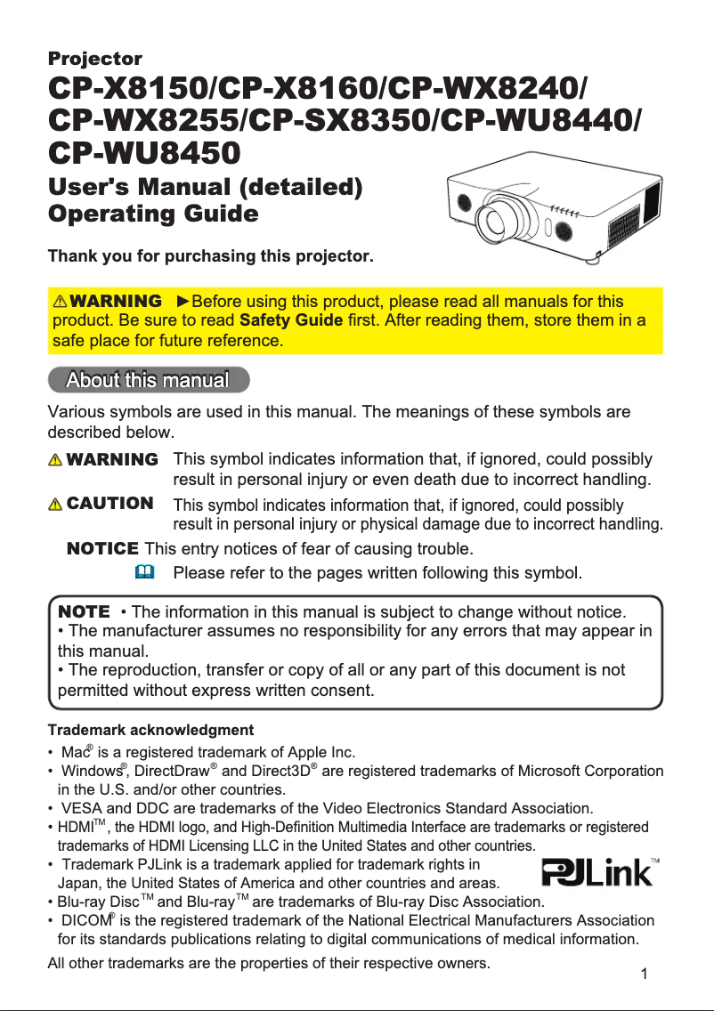 Image de la première page du manuel de l'appareil CP-WX8255GF