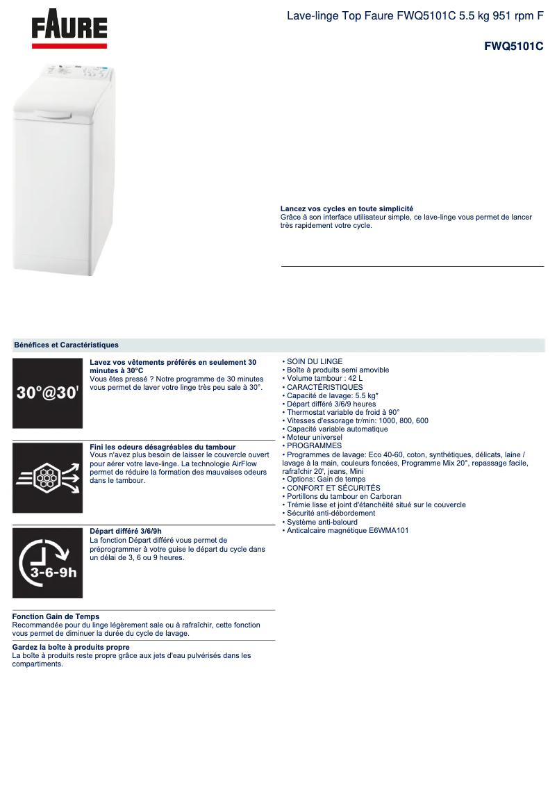 Page 1 de la notice Fiche technique Faure FWQ5101C