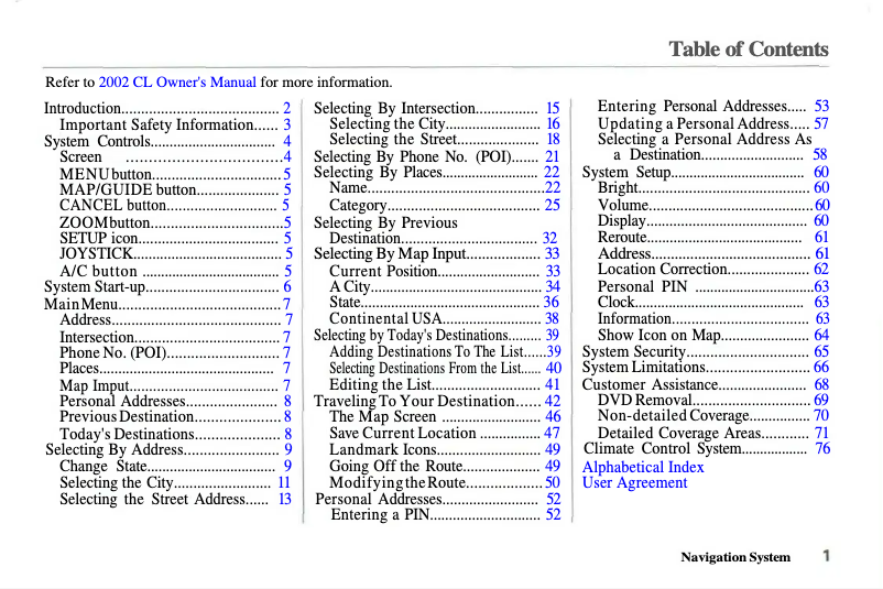 Page 1 de la notice Manuel utilisateur Acura CL (2002)
