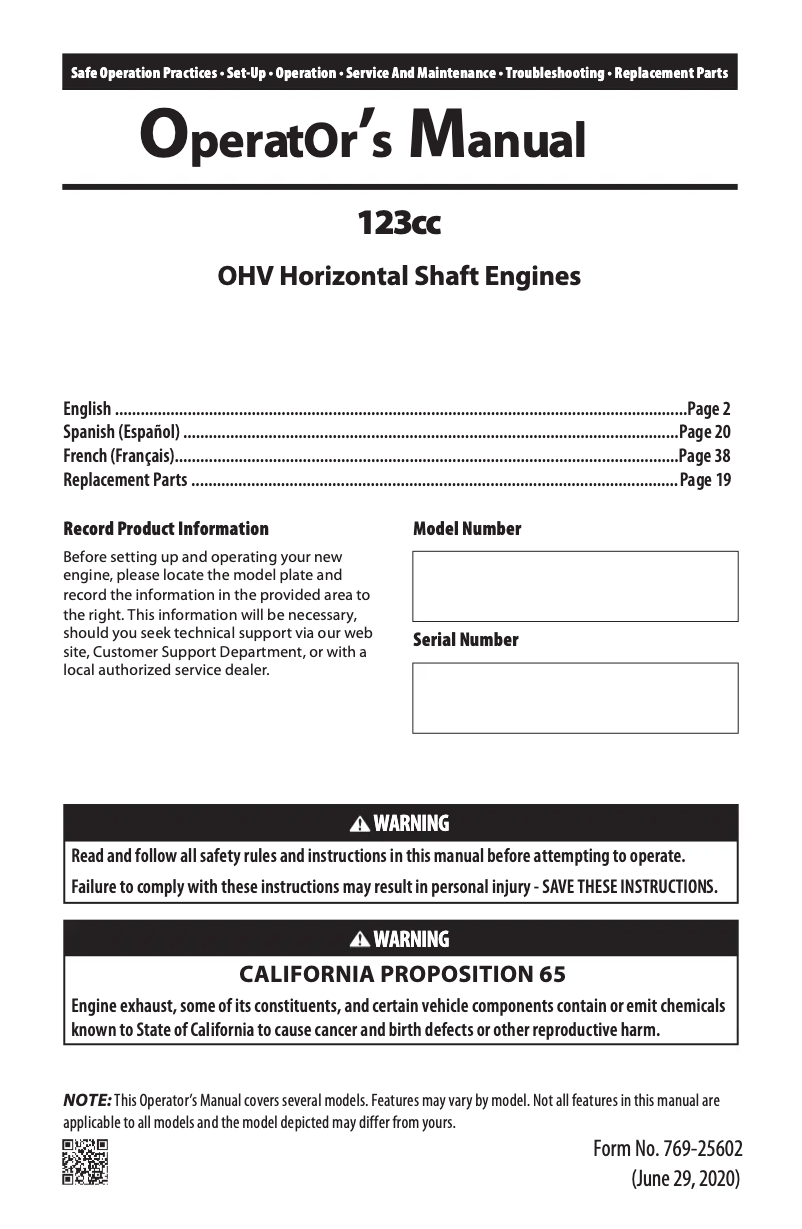 Page 1 de la notice Manuel utilisateur Troy-Bilt Squall 123R