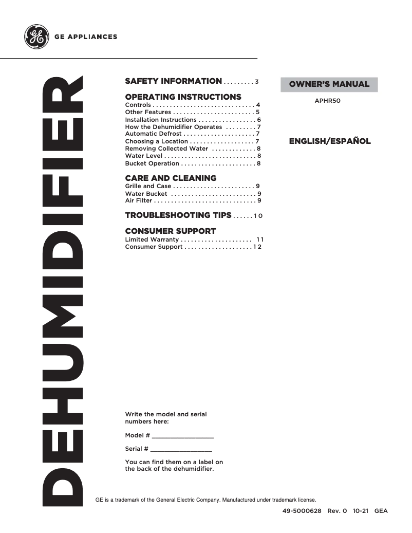 First page image of the manual for APHR50LB