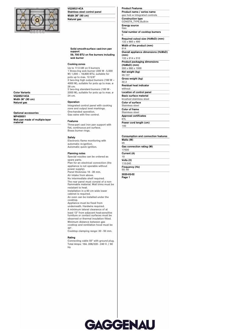 Página 1 del manual Ficha técnica Gaggenau VG295214CA