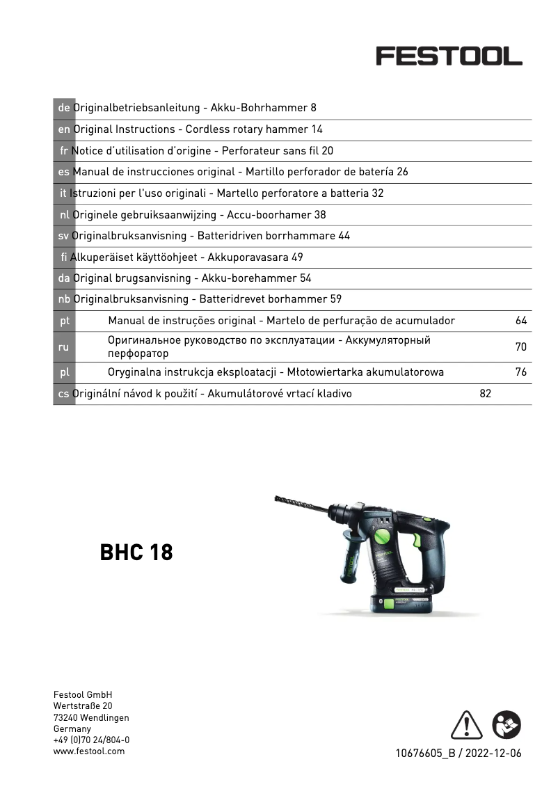 Page 1 de la notice Manuel utilisateur Festool BHC 18