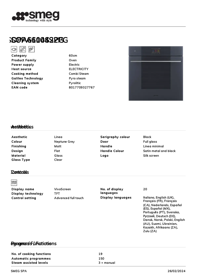 Page 1 de la notice Fiche technique Smeg SOPA6104S2PG